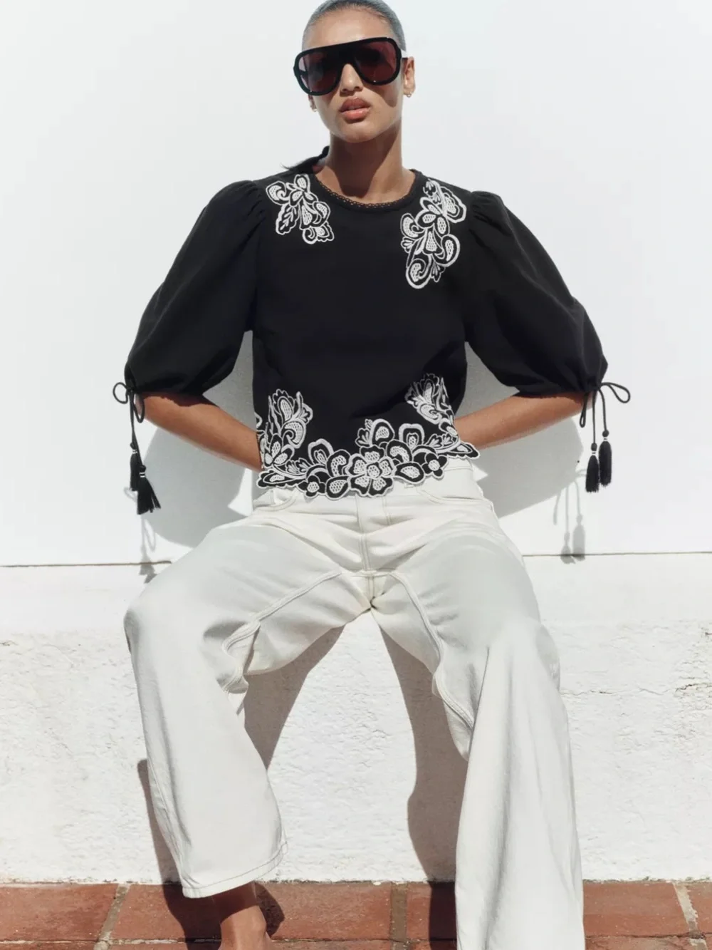 Zara Black Blouse with White Floral Embroidery